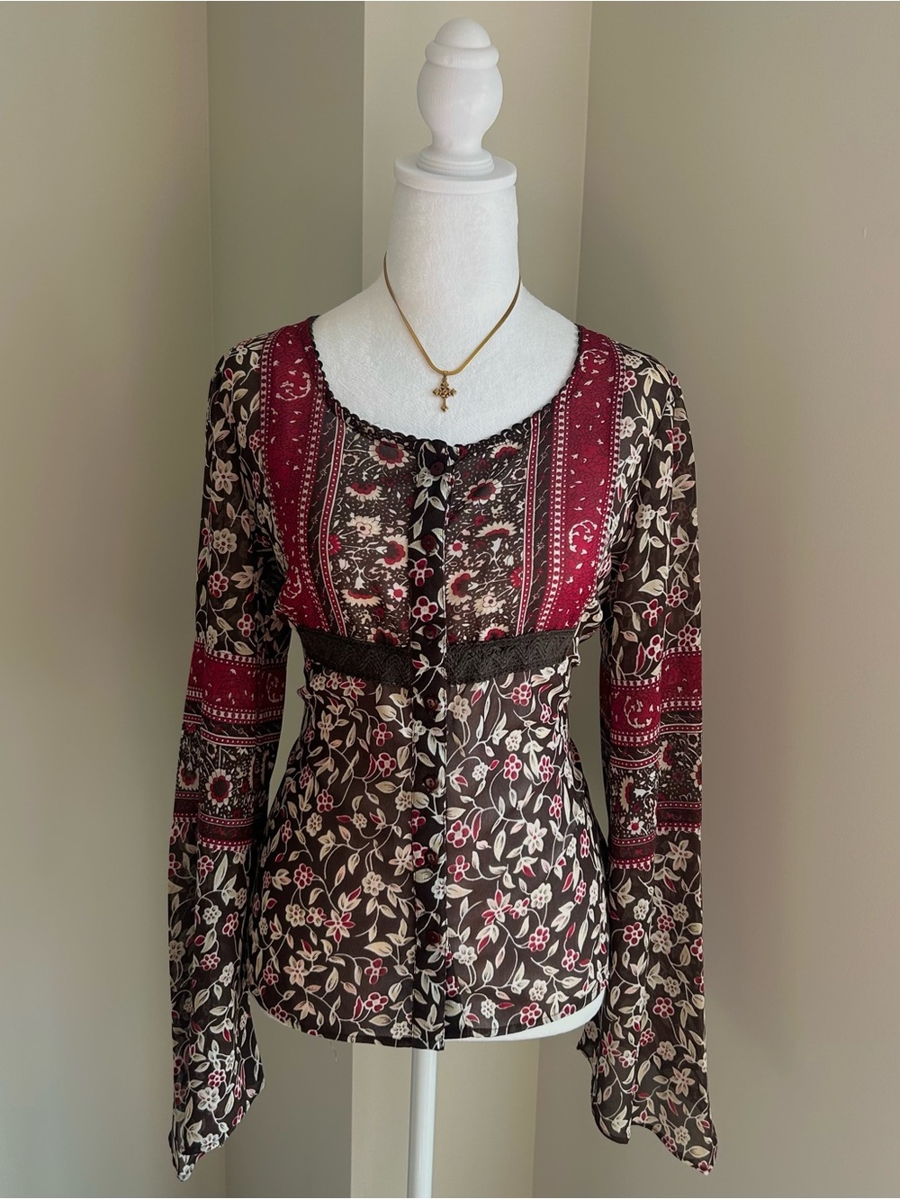 2000's Burgundy & Brown Flare Sleeve Button-Front Blouse
